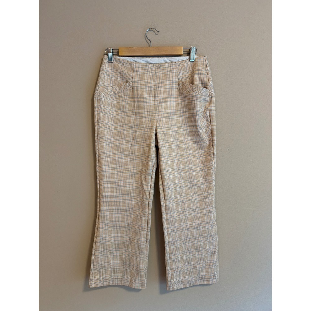 Kick Flare Plaid Pants Tan Blue High Rise Cropped Trousers Womens